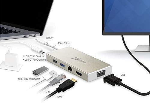 j5create USB-C 3.1 Мини-hub - USB 3.1/3.0/2.0| HDMI 1920 x 1200 при 60 Hz /VGA 1920 x 1200 при 60 Hz | Gigabit Ethernet | е Съвместим със спецификацията USB C.