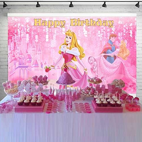 Фон Принцеса Aurora и на Принца, на Фона на Парти в чест на рождения Ден на Спящата Красавица, Блестящ Розов Банер с Ключалка за Торта, Маса, Украса за Детска Стая, 5x3 фута 99