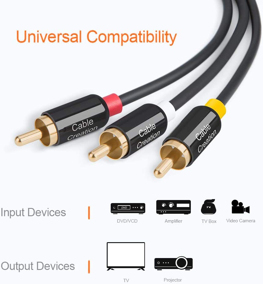 CableCreation Аудио-Видео Кабел RCA, 10 фута Composite AV кабел от 3RCA до 3RCA, Съвместим с телеприставкой, високоговорител, усилване, DVD-плейър, Позлатени 24 До