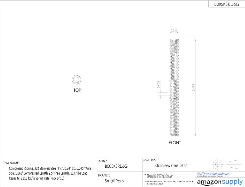 Пружина за компресия, Неръждаема стомана 302, Инч Външен диаметър 0,24 инча, Размерът на тел 0,045 инча, Дължина на свитата 0,48 инча, Свободна дължина 0,62 инча, Товароподемност 13,47 лири, разход на система 96,21