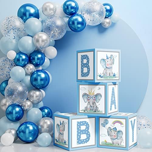 Ecomore Декорации за детската душа като син Слон за момче, 68 бр., аксесоари за парти в чест на 1-ви рожден ден на момче, включва 4 бр. блок-апарати за детски балони и синьо сребърен балон за декорация на пода (син