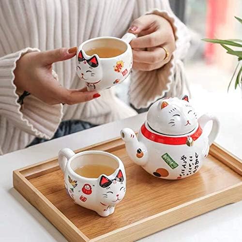 Японски Чай с Котка, Керамичен чайник и комплект чаши Maneki Neko Лъки Котка, Сладък Азиатски Чай за възрастни и деца, Кана с Котка от японската аниме, 2 Чаени чаши, 1 Златн?