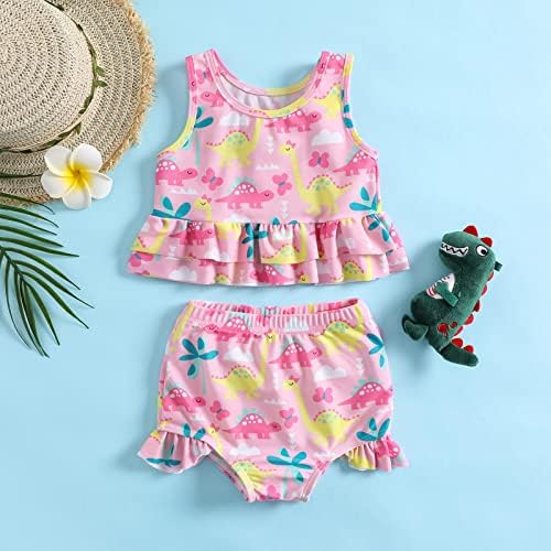 Бански за Новородените момичета, Детски Бански костюм за деца, Пролетно-летни Памучни хавлии за плаж, Танкини с къси ръкави и цветен модел за момичета (розово, 18-24 месеца)