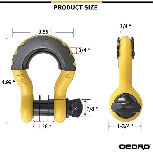 Лък тел oEdRo D Ring (2 елемента) с Товароподемност 4,75 тон (9500 кг) с 7/8 штифтом, за тежки условия на работа на офроуд Жълта дужка с черен изолятором за възстановяване на авто