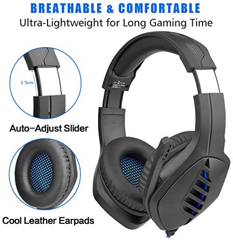 Стерео слушалки за игри на J1 със съраунд звук 7.1, за PS4/PS5/PC/Xbox One/Контролер, Led Светлини, Бас, намаляване на шума, Слушалки в ушите с микрофон (син)