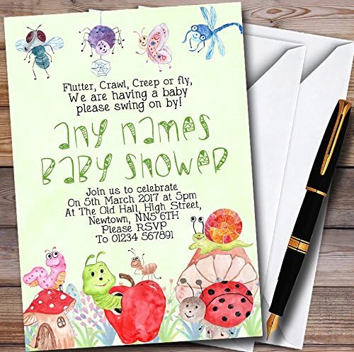 Пощенска картичка Zoo с акварельными бръмбари и насекоми зелен цвят, персонални покани на парти в чест на раждането на детето