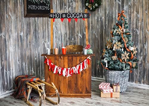 BELECO 10x8ft Текстилен Коледен Празничен Фон за Снимки в Селски стил, с Дървена Стена, Зимни Шейна, Подаръци, Коледна Елха, на Фона на Горещо Какао за Коледа, Коледни Аксе?