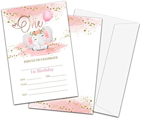 Покани за участие в 1-ия рожден ден от TIRYWT, Покани за парти в стил розов слон в пликове (20 броя), украси и аксесоари за парти по случай рождения ден -yqk-a64