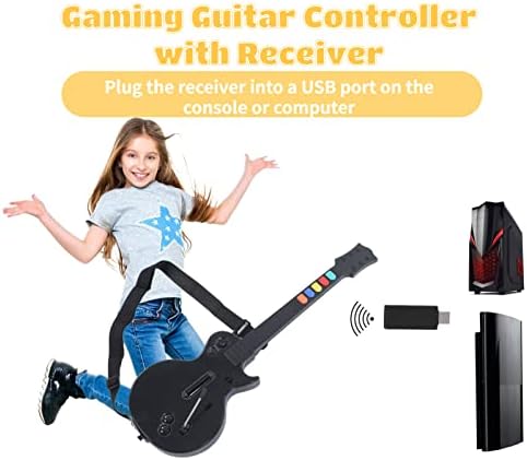 Безжична китара контрольор Cryfokt, 5-Бутон за Безжична Китара с приемник, каишка, USB порт, Китара контролер за PC за игри Guitar Hero, Подарък Plug и play за деца, приятели (черен)