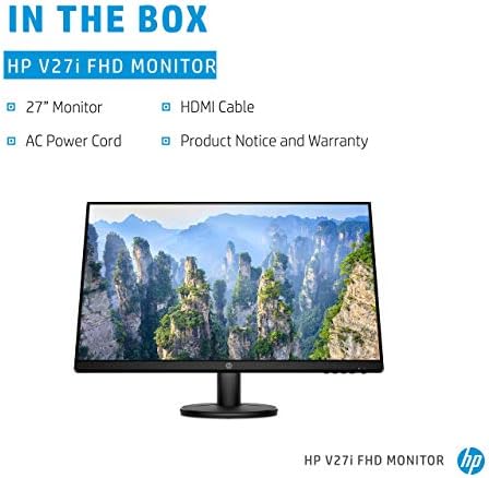 Монитор HP V27i FHD | Компютърен монитор Full HD размер на екрана 27 инча с IPS-панел и 3-трети дизайн Micro Edge | Екрана с ниска синята подсветка и HDMI, и VGA | (9SV92AA # ABA) Черен