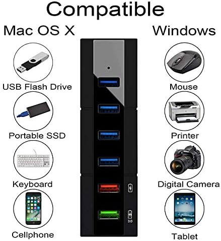 Хъб USB 3.0 с храненето, K & ZZ 6-Портов USB хъб-сплитер с 4 порта бърз трансфер на данни + 2 порта на интелектуална зареждане, Многопортовый USB хъб 3.0 с храна за Mac, PC, лаптоп, черен
