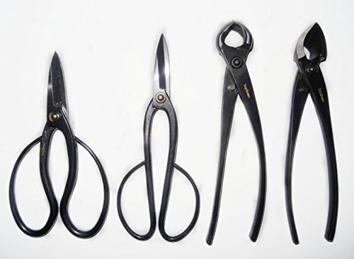 Набор от инструменти за японски Бонсай TinyGreen от 4 части: Професионални Японски Издути Фрези и Сферични Ножове с дръжки, ножици Пеперуда и Ашинага