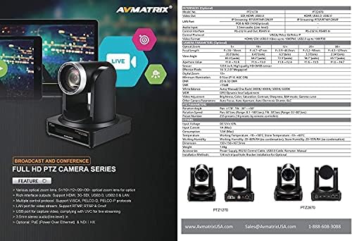 LILLIPUT AVMATRIX PTZ1270-20-кратна на PTZ камера Full HD (20-кратно оптично увеличение) на PTZ камера за излъчване и конференции Full HD за директно излъчване с дистанционно управление и монтаж за монтиране на стена