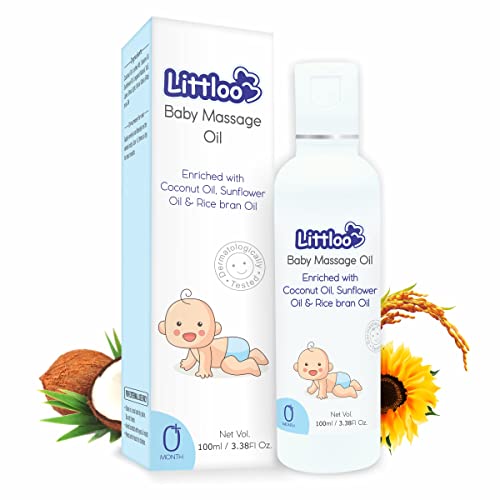 Бебешко масажно масло LITTLOO с Натурално кокосово масло, слънчогледово масло и масло от оризови трици за Успокоение на детския масаж, Хипоалергичен и дерматологичес?