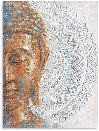 B BLINGBLING Златен Буда Платно Стенно Изкуство: 3D Мандала Цветя Цъфтят Буда Картина с Репродукцией от Златно Фолио Печат върху синьо платно Завернутая и готова да бъде ?