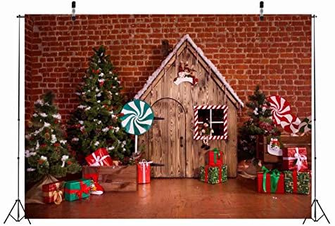 Коледен Фон от плат BELECO 9x6 фута, Коледна Стая от Червени Тухли, с Дървена Къща, Коледно Дърво, Подаръци, Бонбони, Фотофон за Празнуване на Коледа, Нова Година, Вечерни Накити, Реквизит за Снимки
