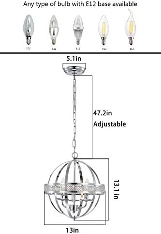 MO & OK 3-Ламповые Полилеи Промишлен Глобус Метален Окачен Лампа Модерен Хром Сферична Лампа за Кухня, Островен Трапезария, Фоайе, Сребрист E12 (не са включени в комплекта)