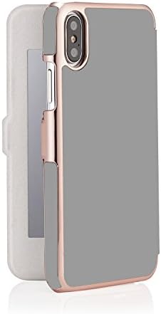 Калъф за iPhone X - Pipetto Slim Портфейла Case Ултратънък калъф от естествена кожа premium с 1 Вътрешното огледало (съвместим с iPhone X) - Сиво с розово злато