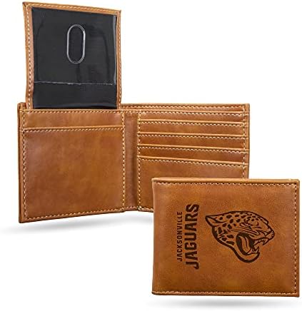 Чантата Rico Industries NFL Джаксънвил Jaguars Премиум-клас от веганской кафява кожа с лазерно гравирани, за да се прибират банкнотите - най-Тънкият, но здрав дизайн - идеален за
