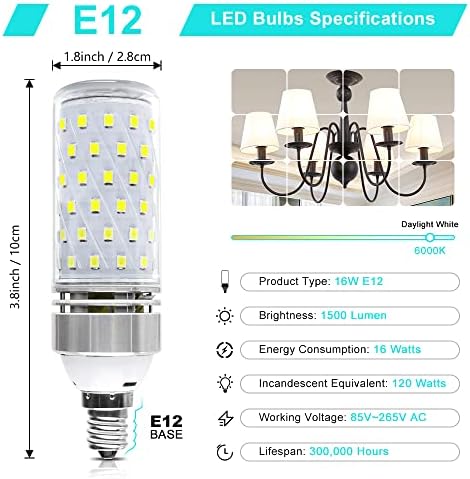 Супер Ярки led лампи E12, Царевица лампи с мощност 16 W 1500ЛМ, флуоресцентни лампи бяло 6000 К, CRI80 +, Еквивалент на лампи с нажежаема жичка с мощност 120 W, Led лампа без регулиране на яркостта на базата на E12,