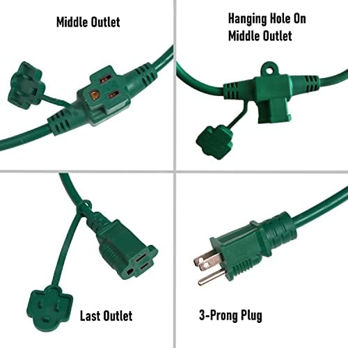 50-крак външен разклонител с 6 равномерно разположени розетки ··, с водоустойчив покритие, идеални за външно декоративно осветление на дворове на тревата, 16AWG / 3C SJTW, посочен ETL