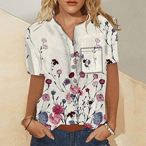 Дамски Блузи на Размера на Плюс С Къс ръкав и V-образно деколте и Копчета, Блузи с Флорални Принтом, Ежедневни Блузи, Тениски