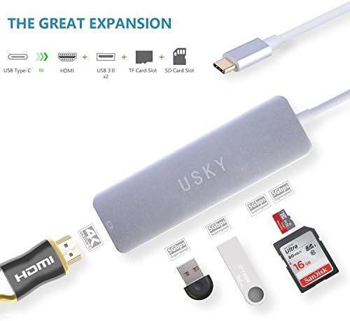 Хъб USB C, Многопортовый хъб USB Type-C с HDMI порт, 2 USB 3.0, четец на карти SD /TF карта, адаптер USKY USB-C-HDMI за MacBook Pro и други устройства Type-C.