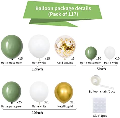 Градински чай Зелен, Бял, Златен Металик Набор от балони - 117 бр. Градински чай Ретро Маслинено-Зелен Балон Арка Венец Лесно САМ за Сафари в Джунглата Тропически Детски Душ Сватба, Рожден Ден, Абитуриентски Вечерни