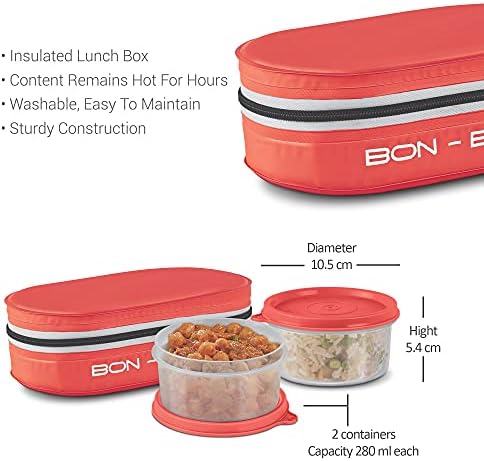 Обяд-бокс MILTON New Bon Bon с 2 затегнати контейнери, по 280 мл всеки, Червено | Фланец | е Безопасен за микровълнова печка | Удобен в переноске | Изолиран | Лек | е херметически затворен