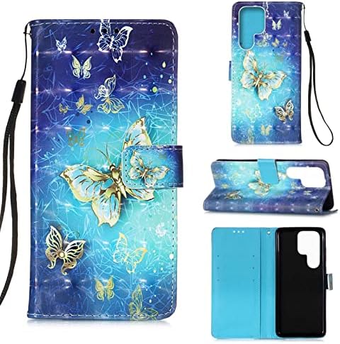 Asdsinfor Samsung Galaxy S23 Ultra Портфейла Case 3D изкуствена кожа премиум-клас с [картодържателя] [Стойка] [каишка на китката] [Магнитна закопчалка] устойчив на удари флип калъф за Galaxy S23 Ultra Blue Butterfly