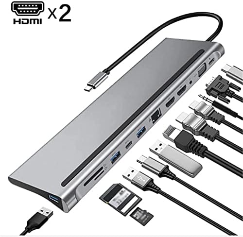 UXZDX CUJUX 12 в 1 C USB Хъб Докинг станция за лаптоп Type-C с двоен HDMI-съвместими/VGA/USB 3.0 възел/адаптер за док-станция за карти PD/RJ/Micro SD/TF карта