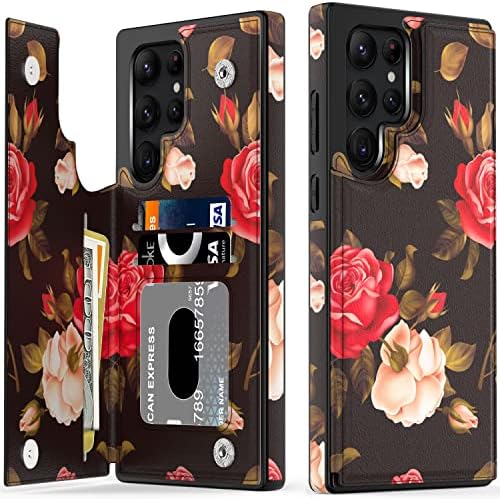 Калъф LETO Galaxy S23 Ultra, Кожен Портфейл-книжка с панти капак и Модерен дизайн за момичета и жени, Отделения за карти, Калъф-поставка за Samsung Galaxy S23 Ultra 6,8 с цъфтящи цветя