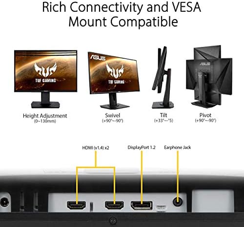 Монитор ASUS TUF Gaming 27 1080P (VG279QR) - Full HD, IPS, 165 Hz (поддържа 144 Hz), 1 мс, Екстремно ниско размазване при движение, е съвместим с G-SYNC, засилване на сянка, монтирани по VESA, DisplayPort, HDMI, регулируеми