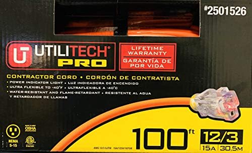 Utilitech Pro 100ft 12/3 SJTW Hi-Vis Оранжево Външен Удължител с индикатор за захранване