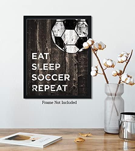 Декор игрална стая Govivo Eat Sleep Soccer Repeat - Спортен интериор на стените, за момчета и момичета Декор на детска спортна спални - Стенен фигура с футболна топка в селски стил - Интелигентен подарък за треньор