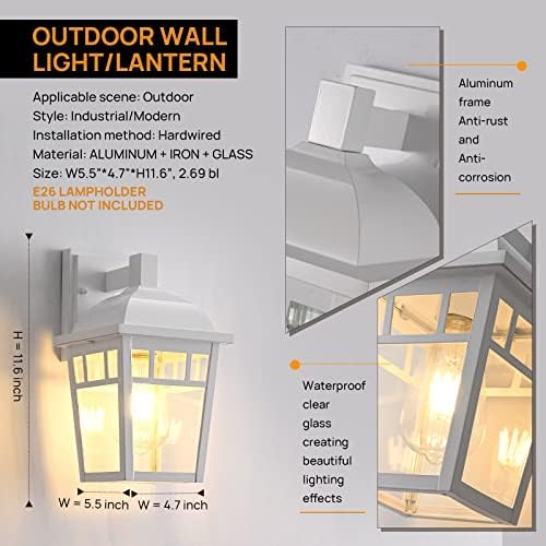 Външните Стенни Лампи са Водоустойчиви, Стенни Лампи за Верандата с Прозрачни Стъкла, Външни Стенни лампи за Фермерска къща, Фенер за Отвора на вратата, Предна Веранда, Тераса, Бял