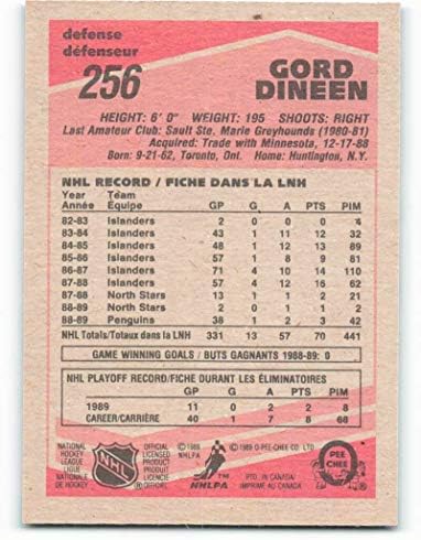 1989-90 О-Пи-Джи #256 Хокейна карта Горд Динина Питсбърг Пингуинс NHL (RC - Карта начинаещ) NM-MT
