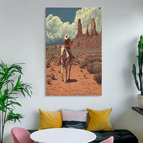 Западен Каубой, възседнал на Бял Кон в Дивата Пустиня Художествен Плакат на Платно и Стенни Художествена картина с Принтом -YangTing 16x24 инча (40x60 cm)