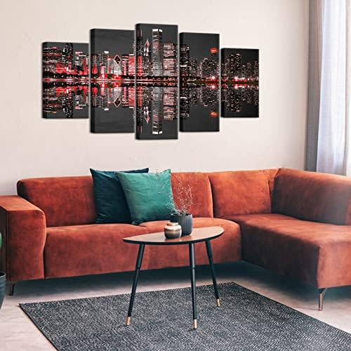 5 Панели Чикаго Хоризонт на Стенно Изкуство Платно Модерната черно-червена картина с образа на Нощния Град Щампи Градския Пейзаж, Живопис за Домашния Офис Декор в Х