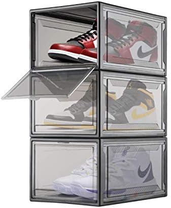 Кутия за обувки премиум-клас A +, Определени от 3-те Штабелируемых Организаторите за обувки с прозрачна като за колекция маратонки, Пластмасов Контейнер за съхранение на обувки с размер до 14 долара на САЩ (черен)