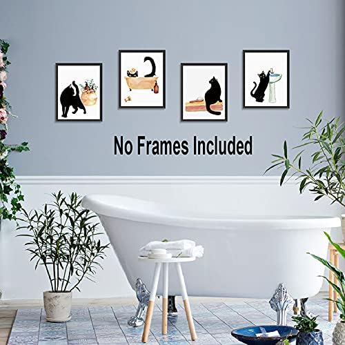 LHIUEM Черна Котка Декор за баня, Забавно Стенно изкуство за баня, (Набор от 4,8 X 10, без рамка) Съвременни Животни Снимки на Коте, Плакат на Платното За Къпане Коте, подаръ