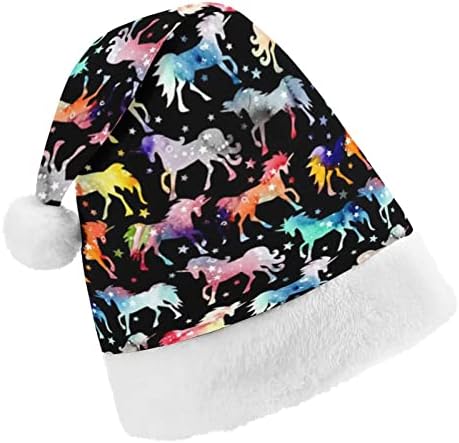Плюшен коледна шапка с еднорози под формата на ириса на галактиката, палави и сладки шапки на Дядо Коледа с плюшени полета и удобна подплата, коледна украса