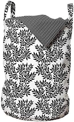 Черно-Бяла чанта за дрехи Ambesonne, Широколистно растение в Черно-бял стил с Гъсти Клончета, блестящ с листа, Кошница за дрехи с дръжки, закрывающаяся на шнур, за пране, 13 x 19, Черно-бял
