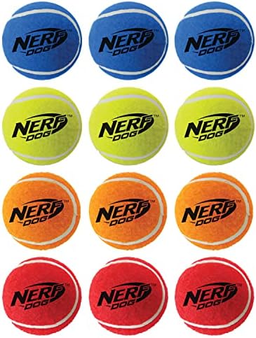 Подаръчен комплект играчки за кучета на Nerf Куче от 12 теми, включва тенис топка с мъка 2.5 инча, 12 опаковки, траен материал на Nerf, Многоцветен