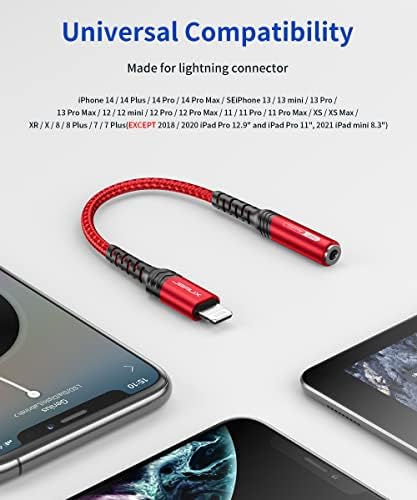 Адаптер за слушалки JSAUX за iPhone, адаптер Lightning-3.5 мм [Сертифициран от Apple Пфи] Aux Адаптер за iPhone съвместим с iPhone 14/14 Pro Max /13/13 Pro Max/12/12 Pro Max / 11/11 Pro Max / SE / X / XR/XS/8-Червен