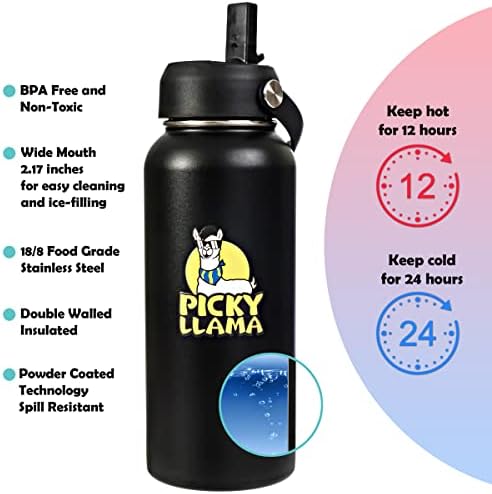 Спортна бутилка за вода PICKY LLAMA - 32 грама, 2 Капачки (соломинка и чучур), дръжка от паракорда, Запечатани, Неръждаема стомана с вакуумна изолация, двойни стени, 24 часа на студено, 12 часа топла, множество (32