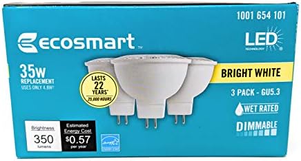 Led лампа Ecosmart мощност от 35 Вата, еквивалентна ярко-бяла MR16 GU5.3, с регулируема яркост (3 бр. в опаковка)