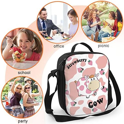 Случайна чанта за Обяд Kawaii Love Pink Bento Box За Възрастни, Обяд-Бокс, за Многократна употреба Водоустойчив Херметически Сладко Обяд-Апарати за Момичета, Жени, Работа, Пътуване, Къмпинг (с принтом крави и ягоди)