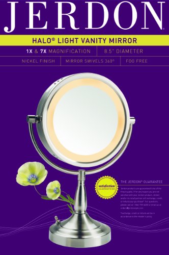 Десктоп огледало за грим с подсветка Jerdon - Огледало за грим с подсветка на Halo от 1-кратно и 7-кратно увеличение на никелова довършителни работи - Тоалетен огледало с диаметър 8,5 инча - Модел LT856N