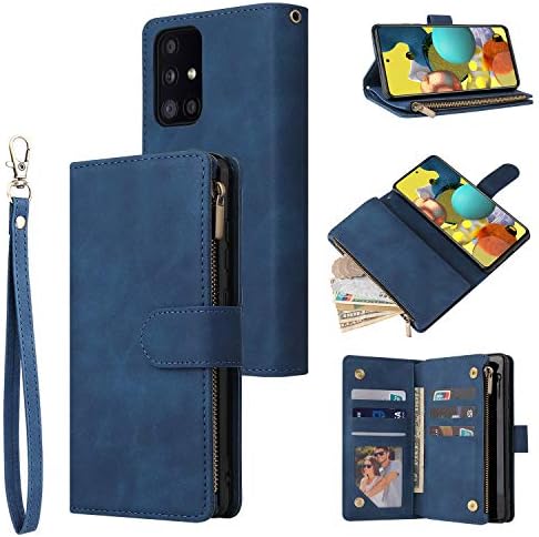 Чанта-портфейл UEEBAI за Samsung Galaxy A51 4G, Реколта чанта от изкуствена кожа Премиум-клас с магнитна закопчалка, Джоб с цип, Поставка за карти, отделение за карти с каишка на китката, Противоударная флип-надолу